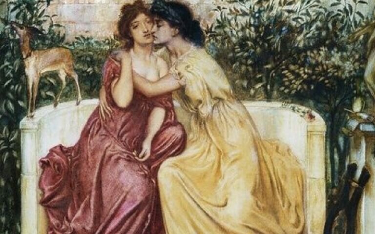 un cuadro de dos mujeres besandose