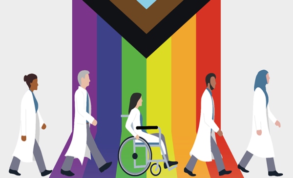 Dibujo de personas de la ciencia sobre una bandera LGBT