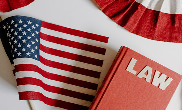 Libro de leyes con bandera de USA