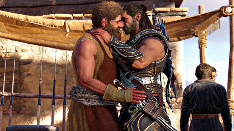 Escena de Assassin's Creed de dos hombres besándose