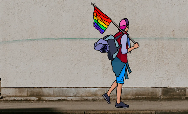 Dibujo de persona con una bandera LGBT y una maleta
