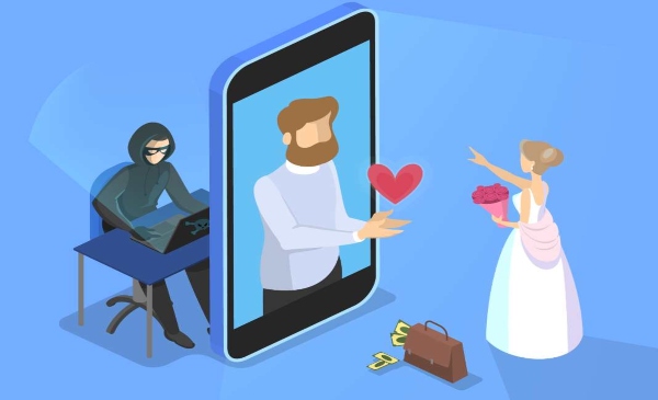 Animación de una pareja casándose por celular y una persona falsa atrás