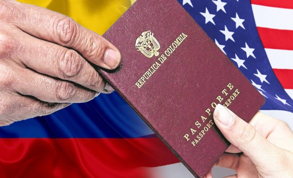 Visa americana sobre la bandera de Colombia y la de Estados Unidos
